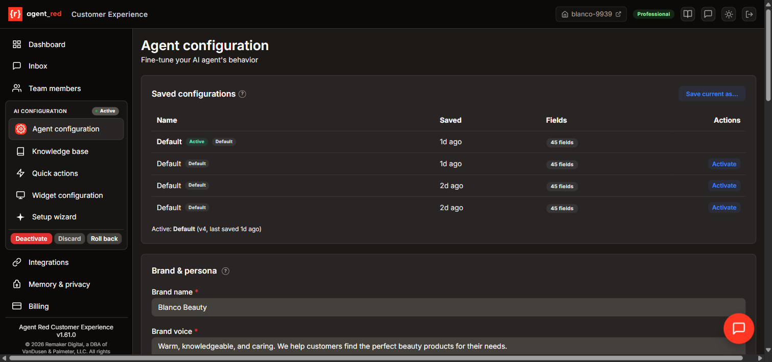 Agent configuration page showing saved configurations, brand &amp; persona settings, and escalation categories