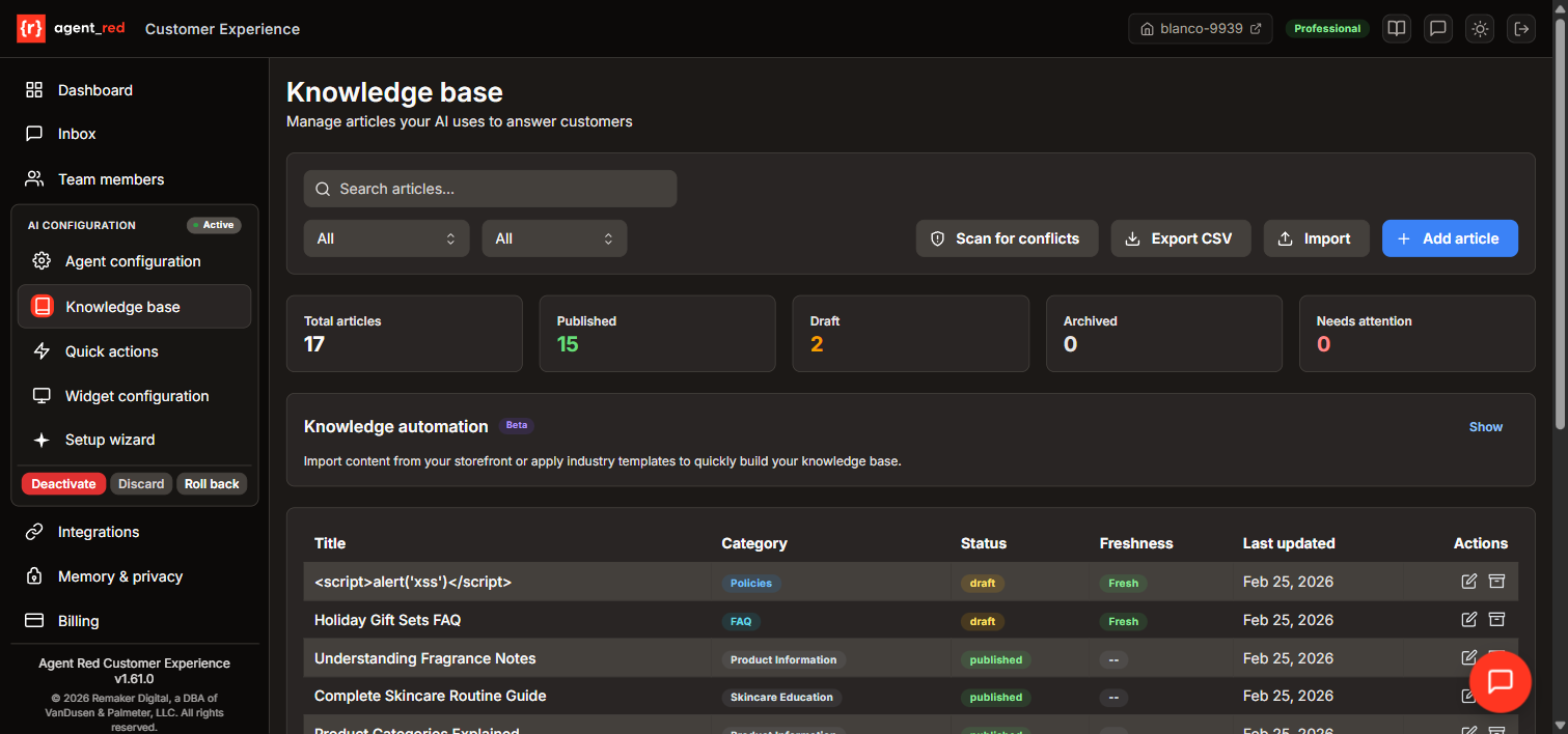 Knowledge base management page showing articles, categories, and status indicators