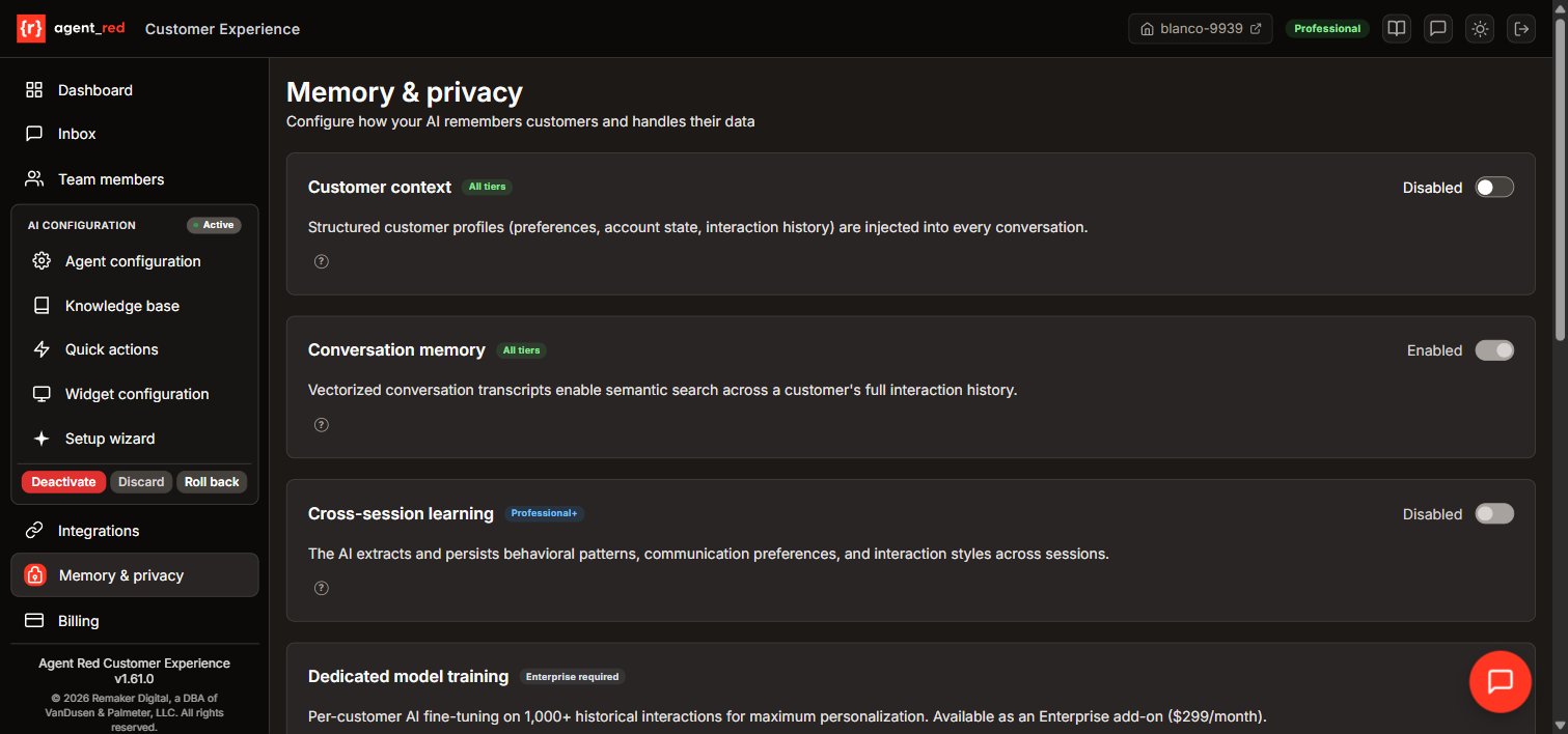 Memory &amp; Privacy admin page showing the four memory layers and data retention settings