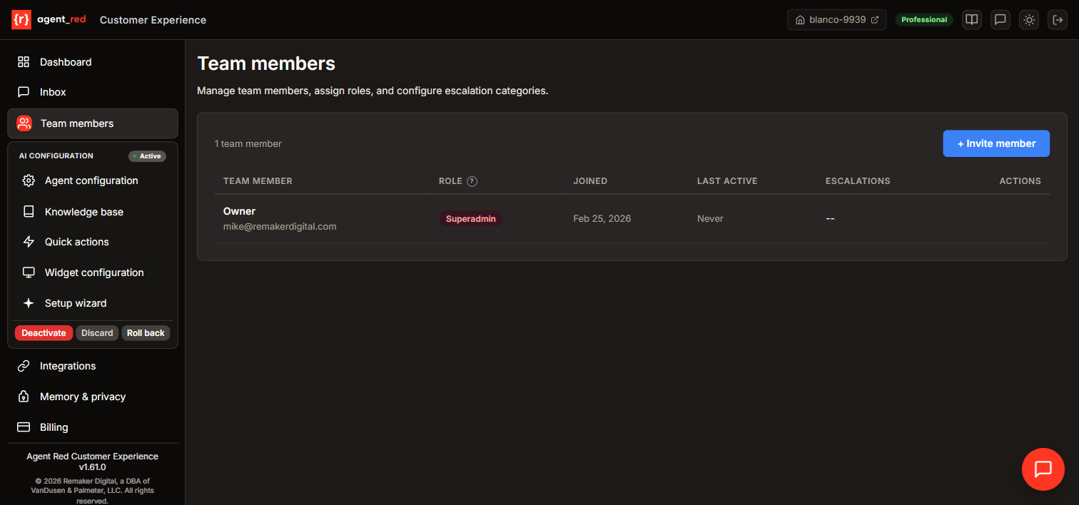 Team management page showing team members, roles, and escalation assignments