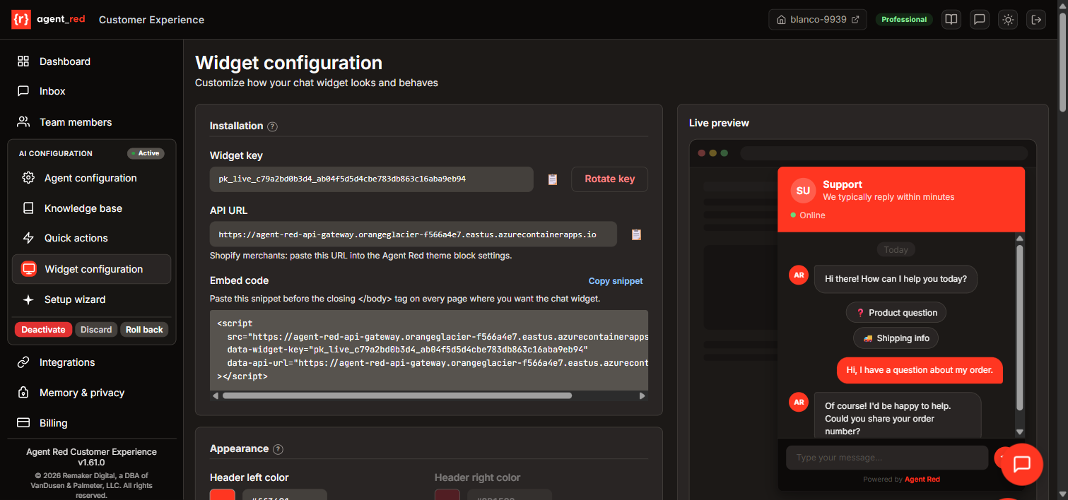 Widget configuration page showing installation code, appearance settings, and live preview